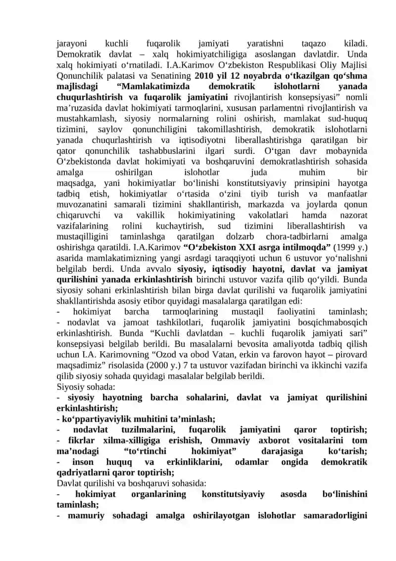 O‘ZBEKISTONDA DEMOKRATIK, FUQAROLIK JAMIYATI ASOSLARINING SHAKLLANISHI, AMALGA OSHIRILGAN SIYOSIY ISLOHOTLAR 2