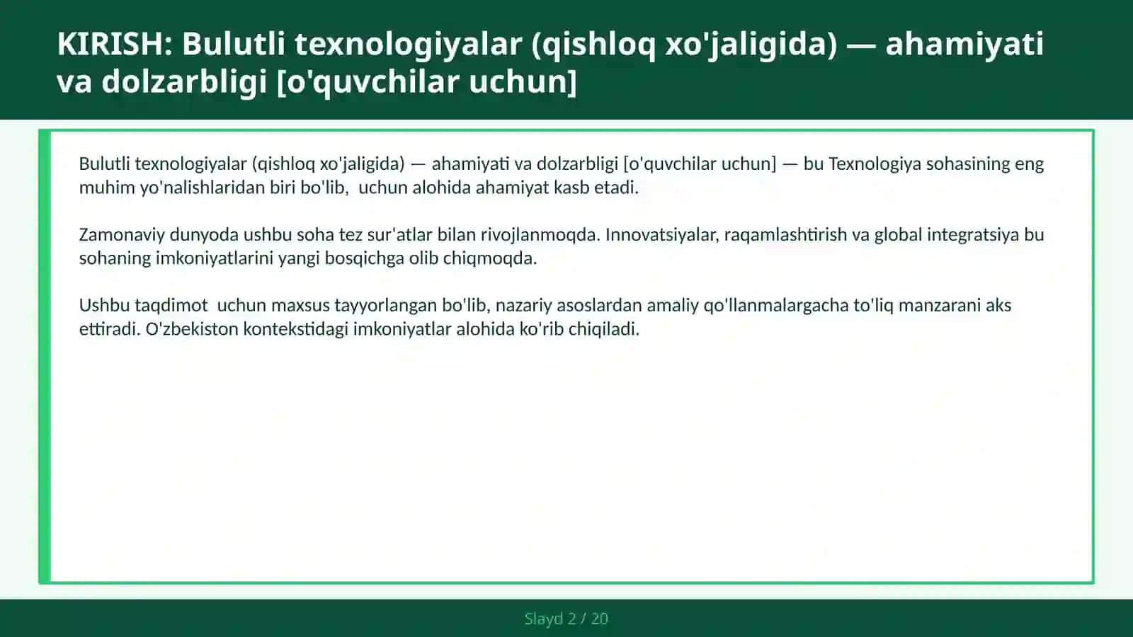 Bulutli Texnologiyalar (Qishloq xo'jaligida) — ahamiyati va dolzarbligi [o'quvchilar uchun] 2