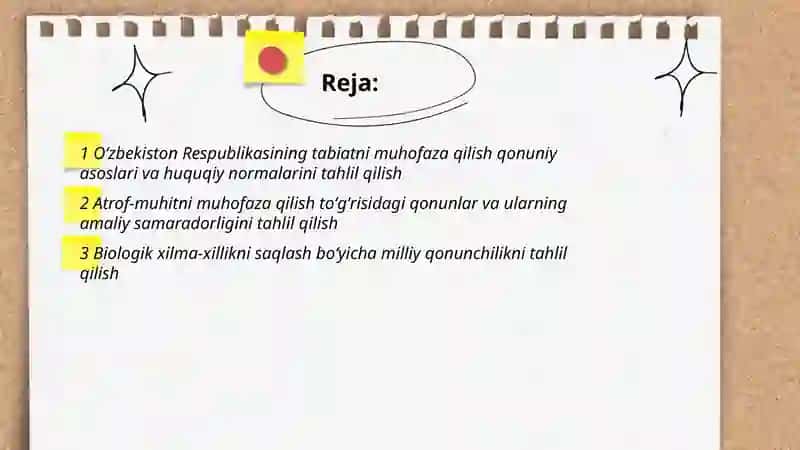 Oʻzbekiston Respublikasi tabiatni asrashga doir qonunlarni oʻrganish tahlil qilish 2