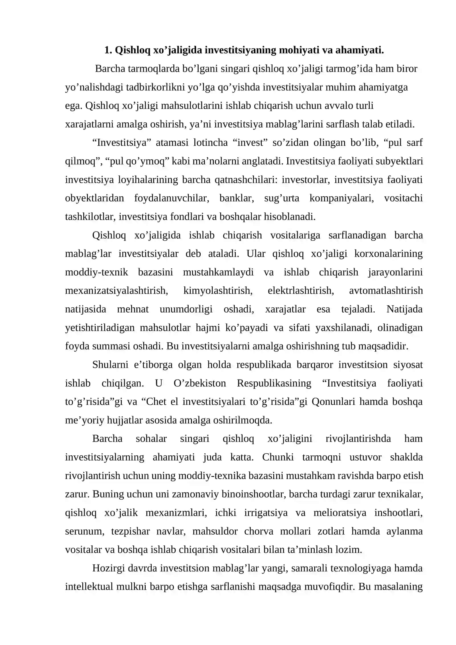 Qishloq xo’jaligida investitsiyalar va ulardan foydalanish samaradorligi 2