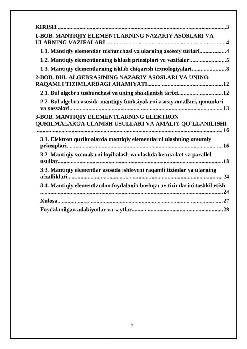 Mantiqiy elementlarning vazifasi, ko‘rinishlari, elektron qurilmalarda ulanish usullari uchun kurs ishi va mustaqil ish 2