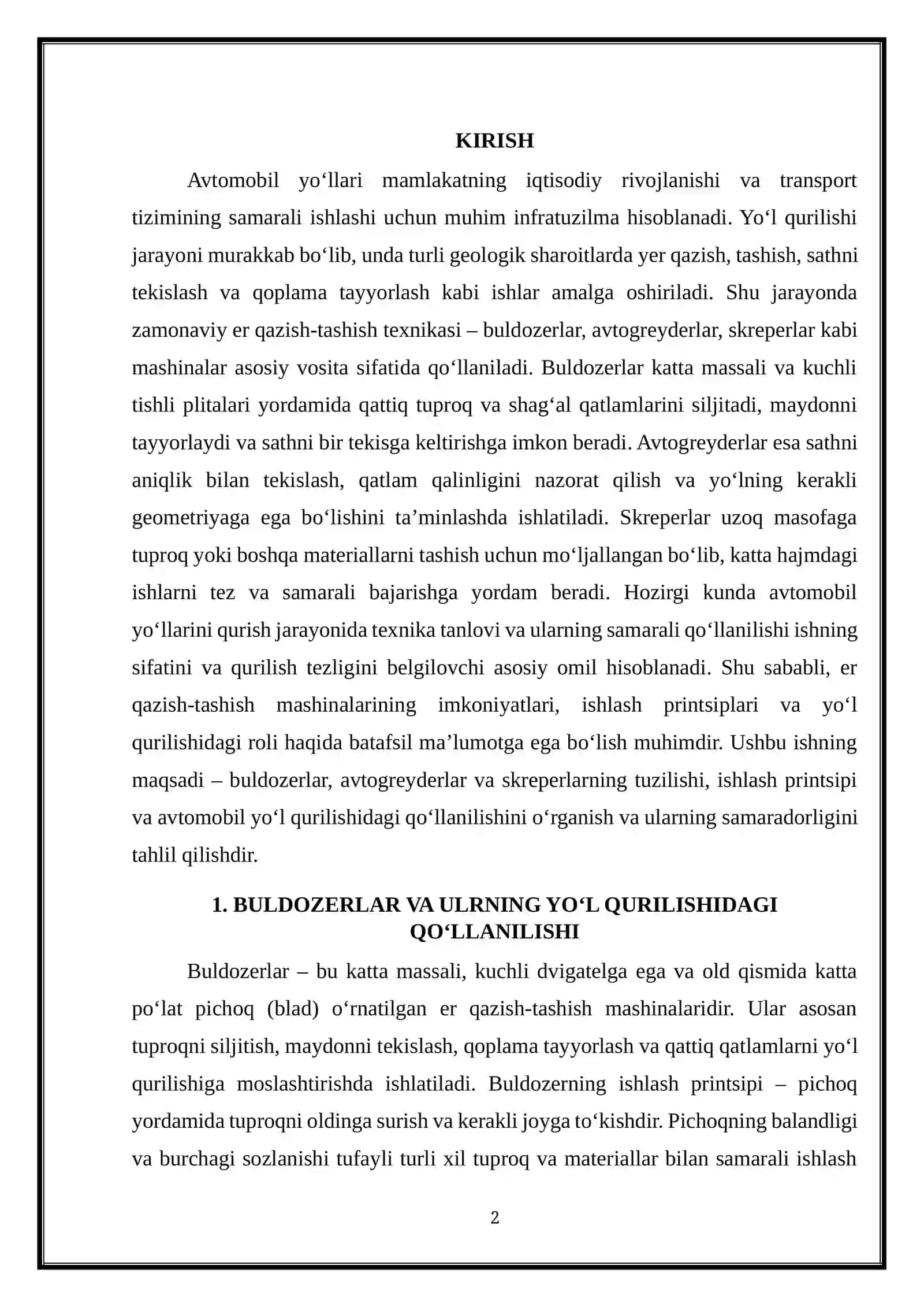 Yer qazish-tashish mashinalari va ularning avtomobil yo‘l qurilishidagi qo‘llanilishi 2