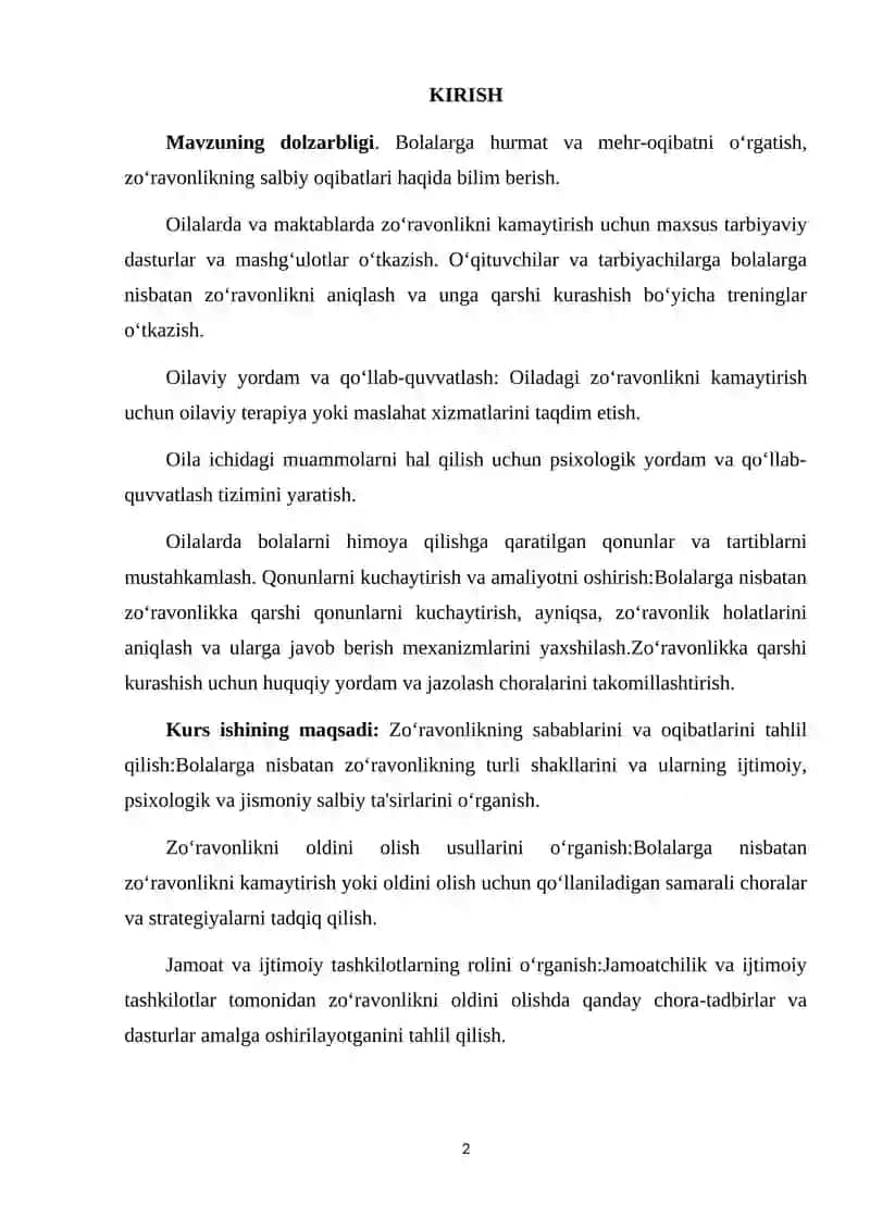 Bolalarga Nisbatan Zo'ravonlikni Oldini Olish Chora Tadbirlari Kurs Ishi 2