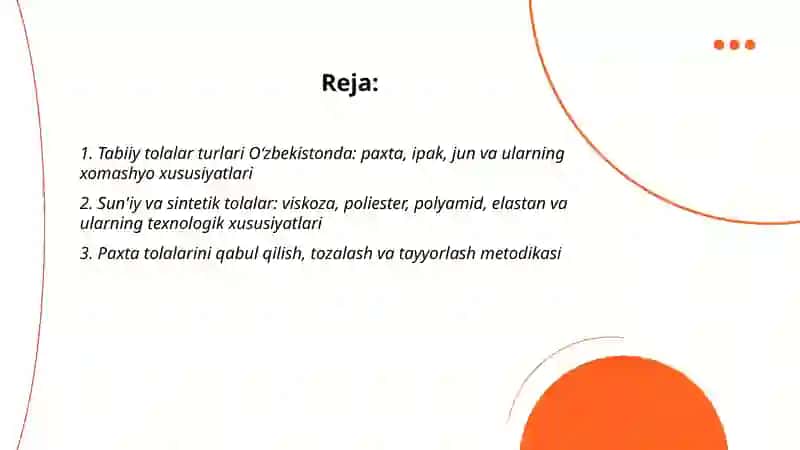 Tabiiy va sun’iy tolalar. O‘zbekistonda tola ishlab chiqarish metodikasi 2