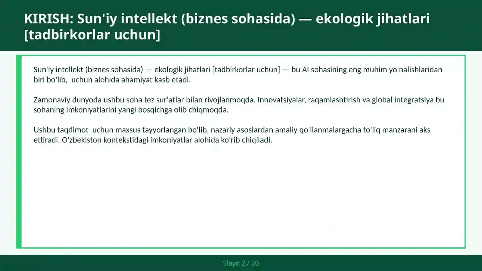 Sun'iy intellekt (biznes sohasida) — ekologik jihatlari [tadbirkorlar uchun] 2