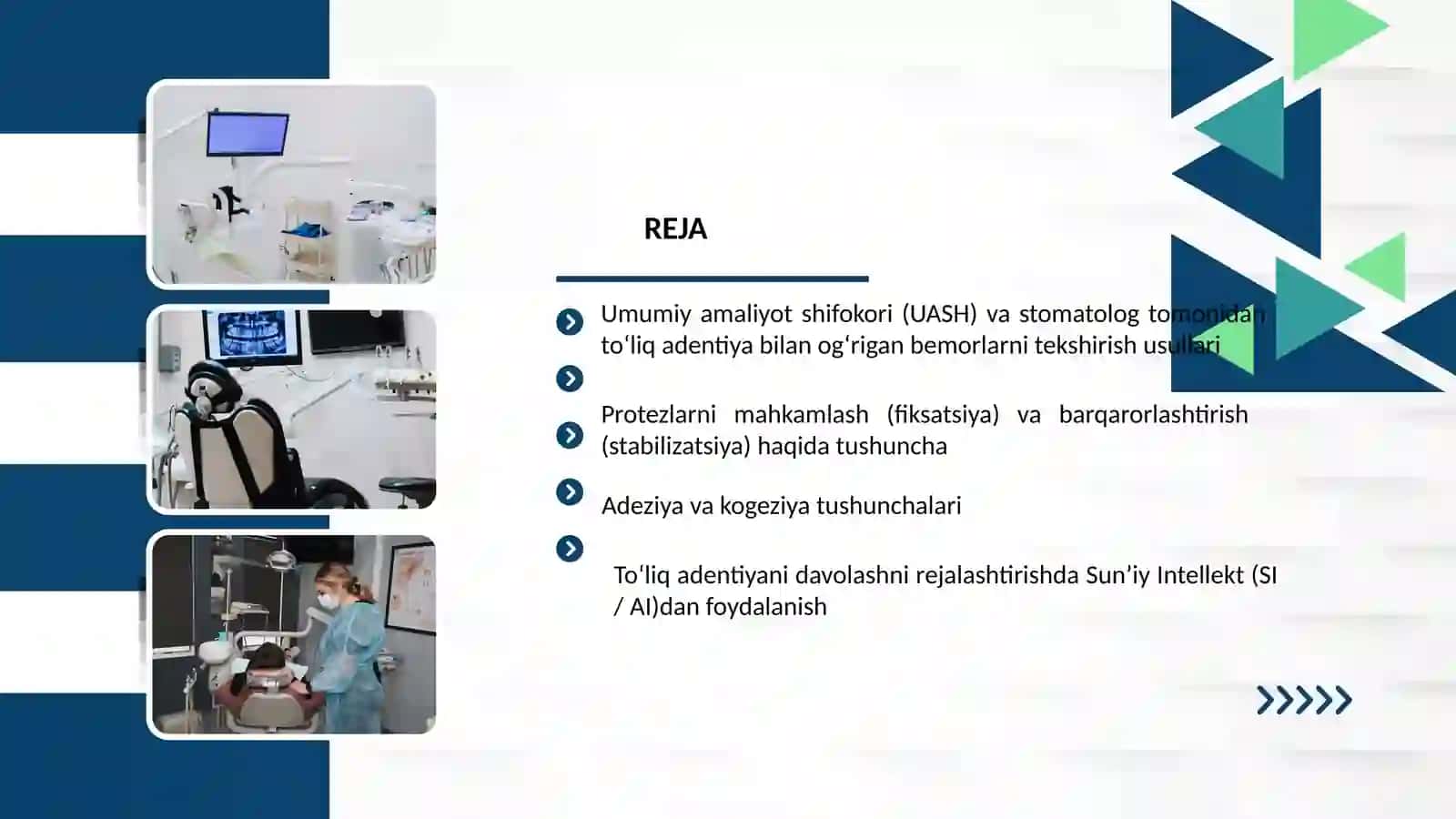 milliy klinik davolash protokollariga muvofiq umumiy amaliyot shifokori tomonidan tishlari butunlay yo‘q bo‘lgan bemorlarni tekshirish usullari. Protezlarni mahkamlash va yo‘q bo‘lgan bemorlarni tekshirish usullari. Protezlarni mahkamlash va barqarorlashtirish haqida tushuncha. Adeziya va kogeziya. To‘liq adentiyani davolashni rejalashtirish uchun sun’iy intellektdan foydalanish 2