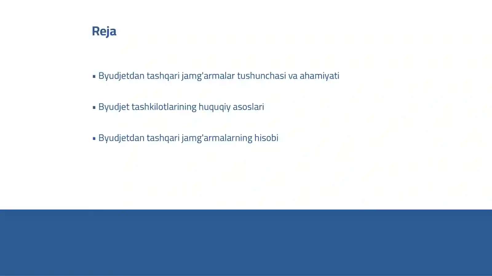 Byudjet tashkilotlarining byudjetdan tashqari jamgʻarmalari hisobi va auditining huquqiy asoslari 2