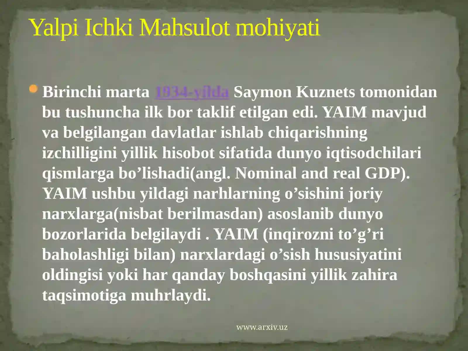 Yalpiich kimahsulotlar statistikasining xajmi 2