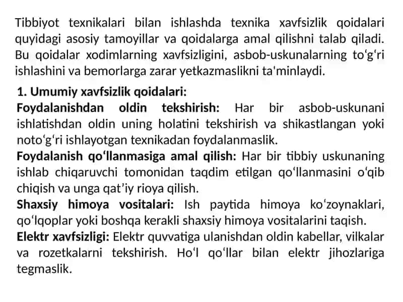 Tibbiyot texnikalari bilan ishlashda texnika xavfsizlik qoidalari. Elektr tibbiyot qurilmalari va apparatlari bilan ishlash texnikalari 2