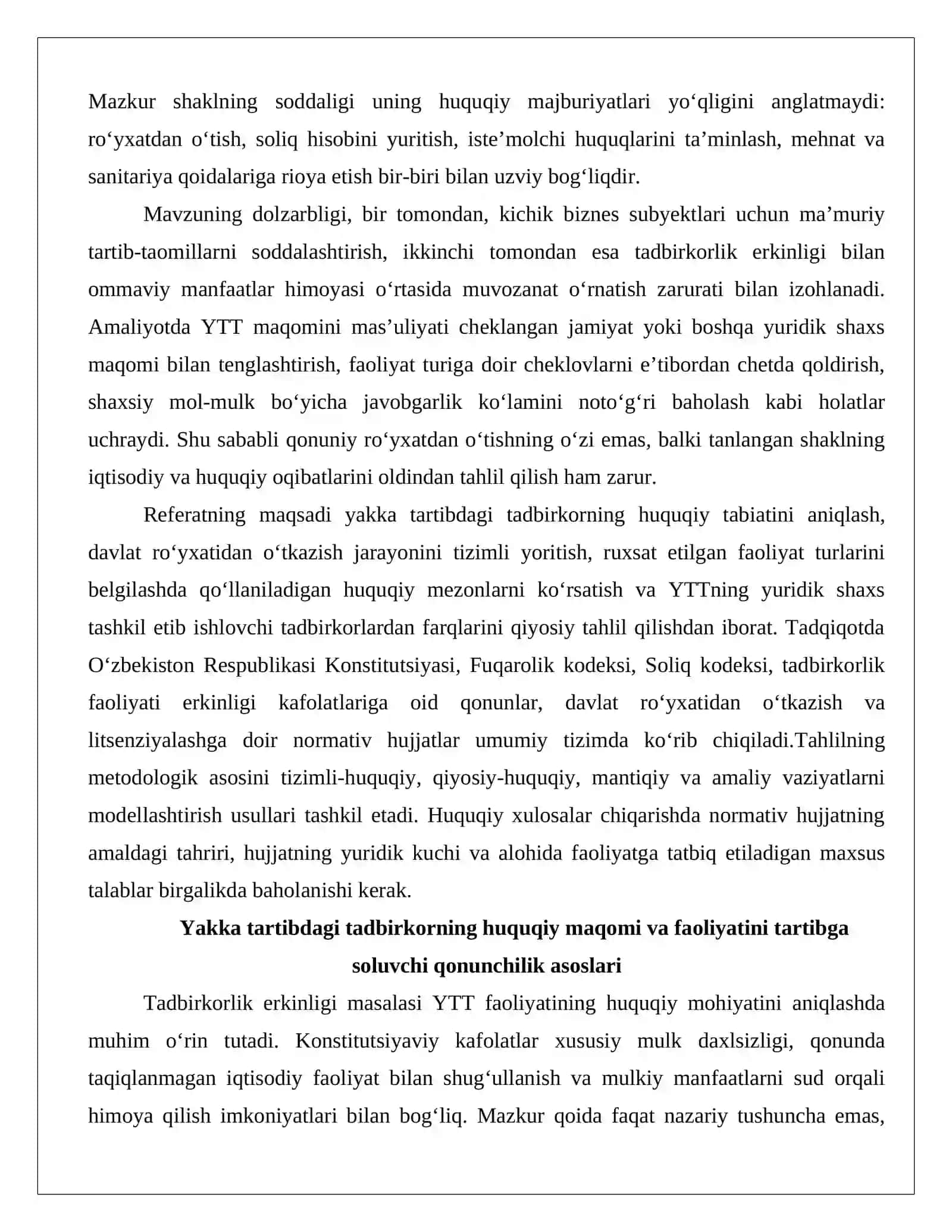 YTT faoliyatini huquqiy tartibga solish Davlat ro‘yxati, ruxsat etilgan faoliyat turlari va yuridik shaxs tashkil etgan tadbirkorlardan farqi referat.docx 2