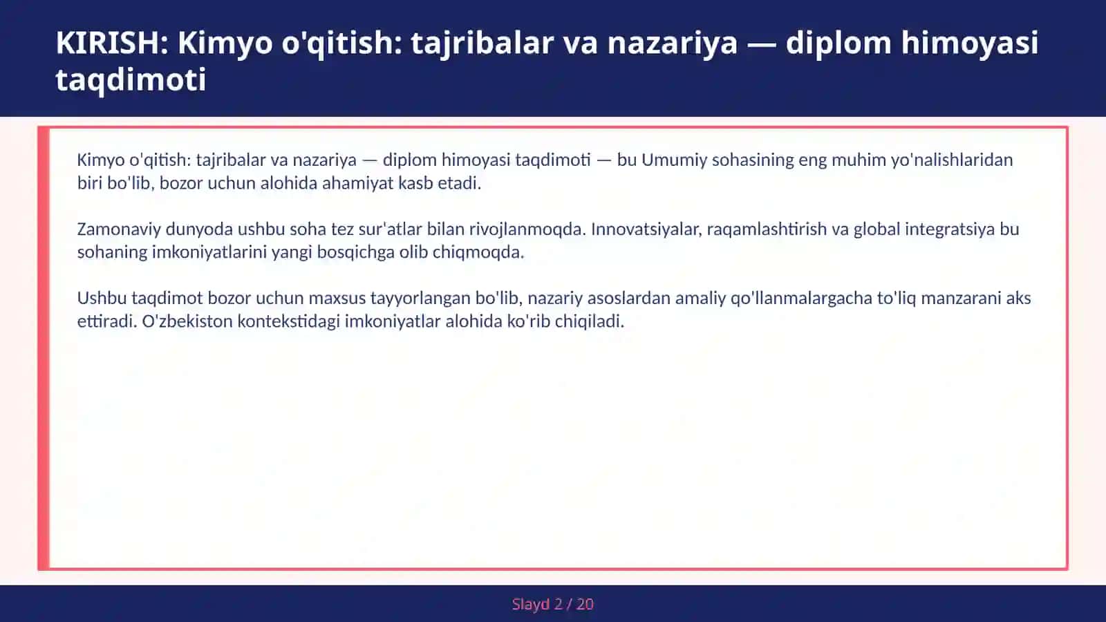 Kimyo o'qitish: tajribalar va nazariya — diplom himoyasi taqdimoti 2