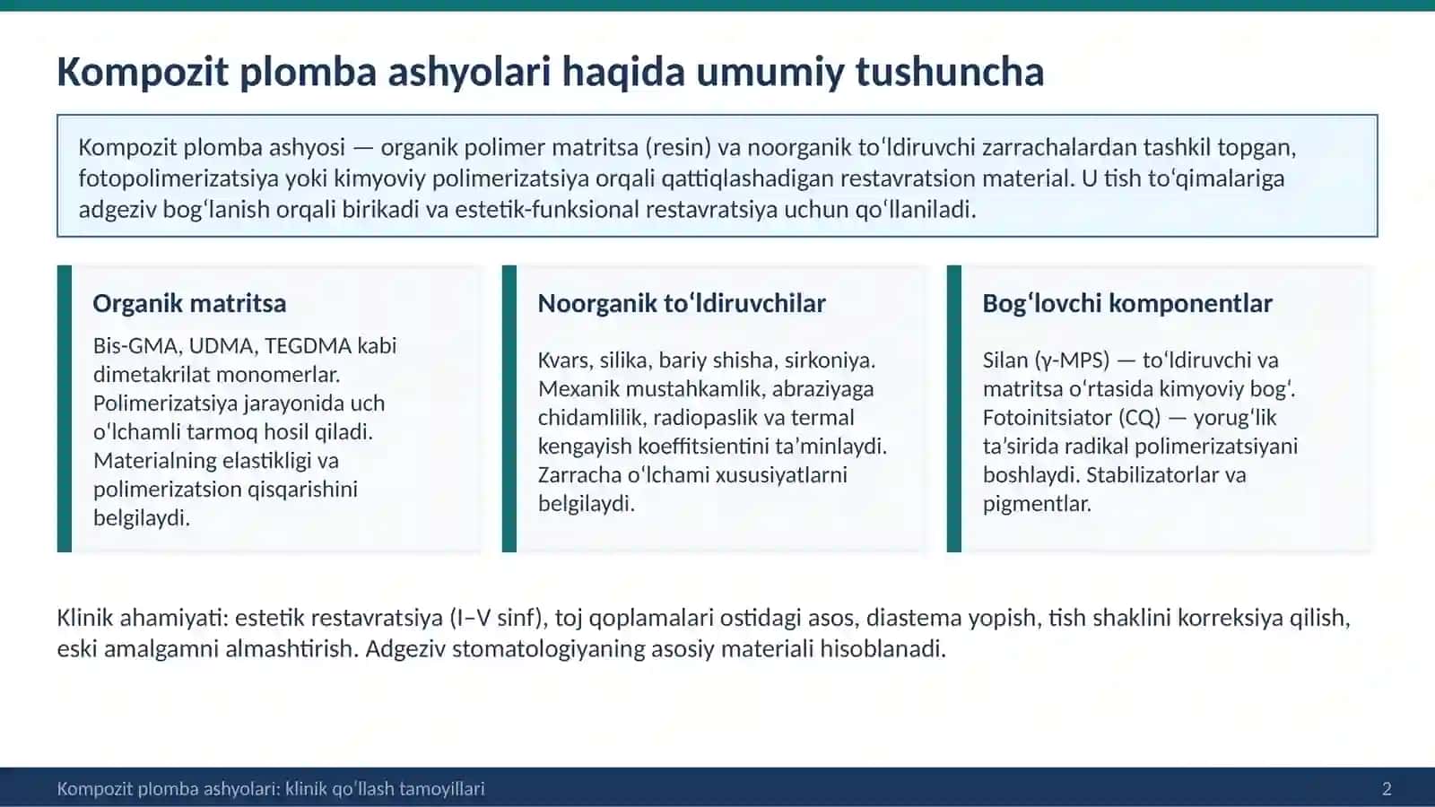 Tishlar restavrasiyasida kompozit plomba ashyolarini klinik qo‘llash tamoyillari 2