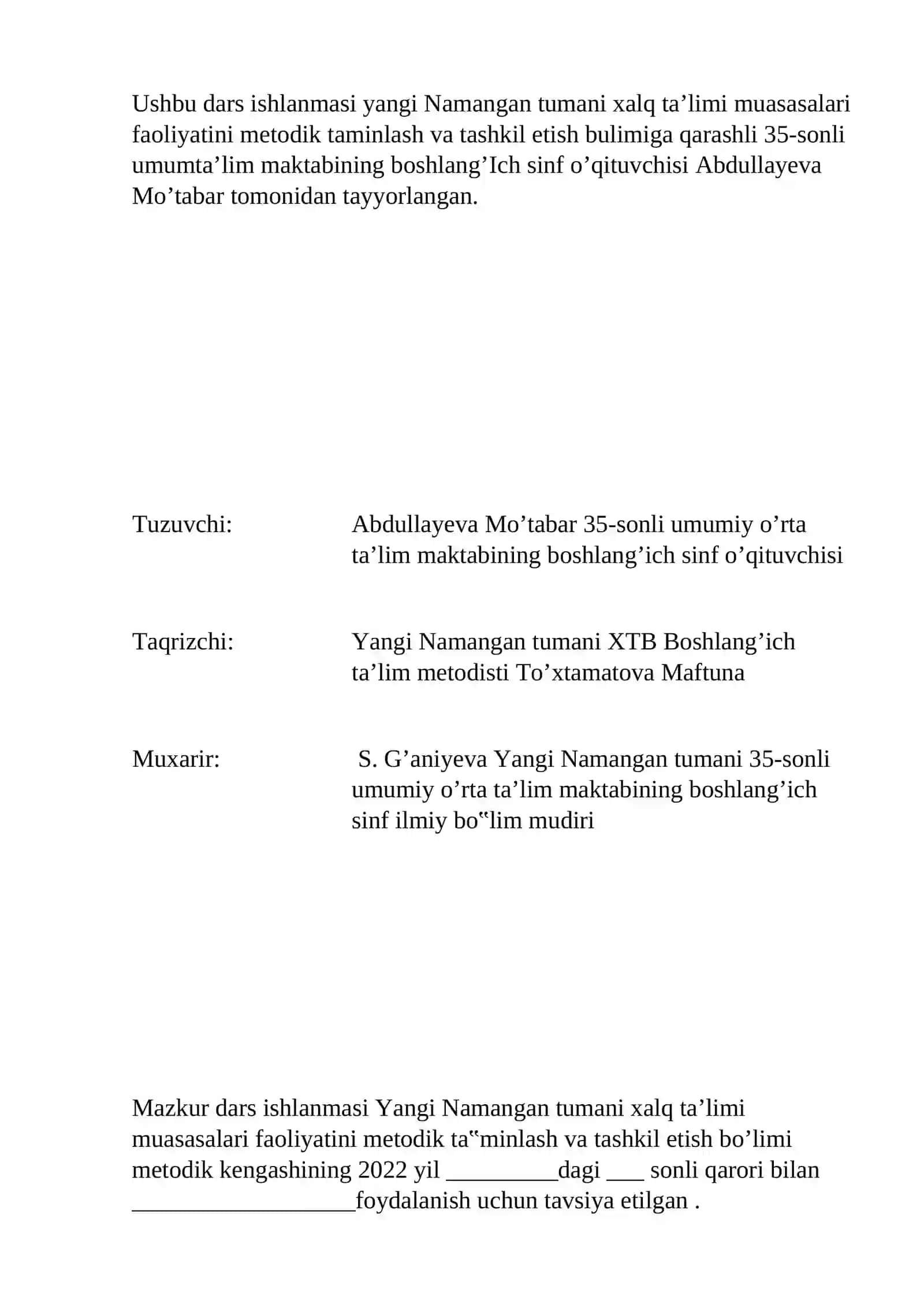 Yangi Namangan Tumani 35-Sonli Umumta’lim Maktabi Ona Tili va Adabiyot Fanidan Bir Soatlik Dars Ishlanmasi 2
