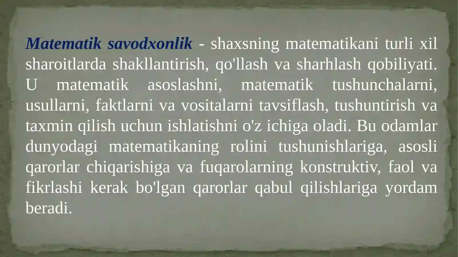 Matematiksavodxonlikni baholash bo‘yicha masalalar namunalar va tavsiyalar 2