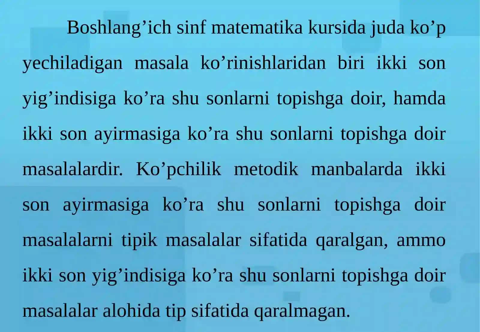 IKKI YOKI BIR NECHA SONNI ULARNING YIG’INDISI (YOKI AYIRMASI) VA KARRALI NISBATIDAN TOPISHGA DOIR MASALALAR. IKKI MIQDORNING AYIRMASIDAN NOMA’LUMNI TOPISHGA DOIR MASALALAR 2