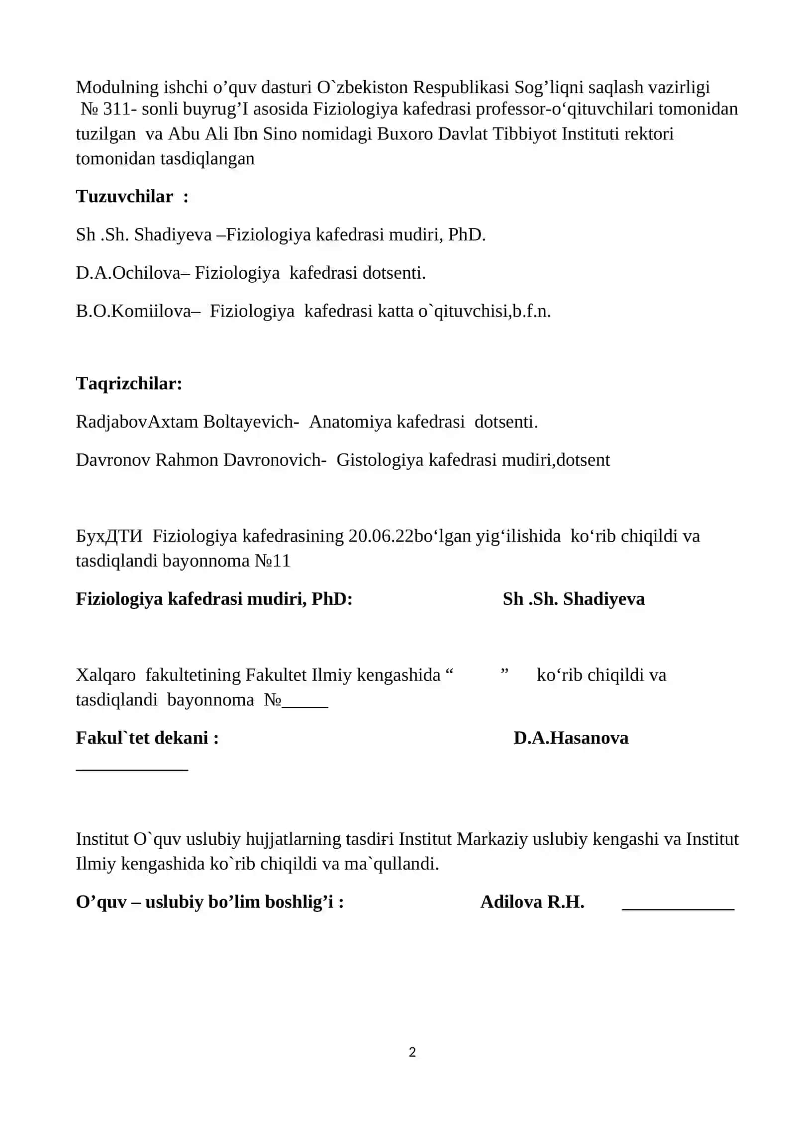 Fiziologiya fanidan modul ishchi o`quv dasturi 2