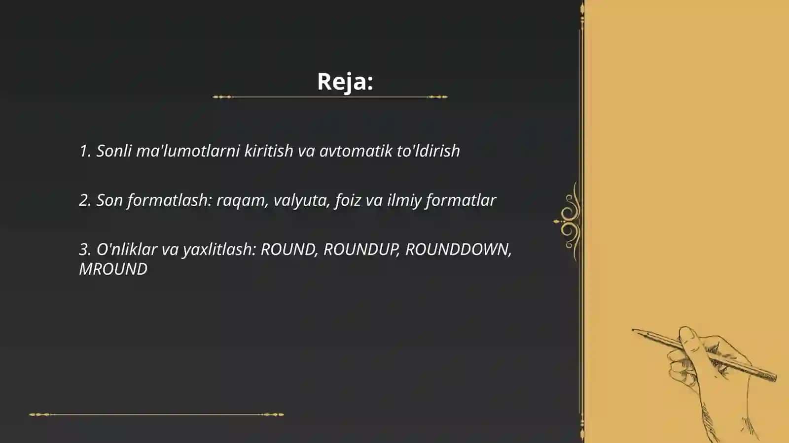 Excel dasturida sonli ma’lumotlarbilan ishlash 2