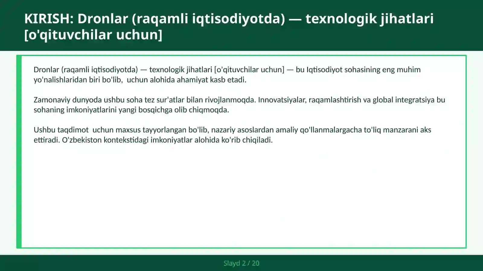 Dronlar (raqamli iqtisodiyotda) — texnologik jihatlari [o'qituvchilar uchun] 2