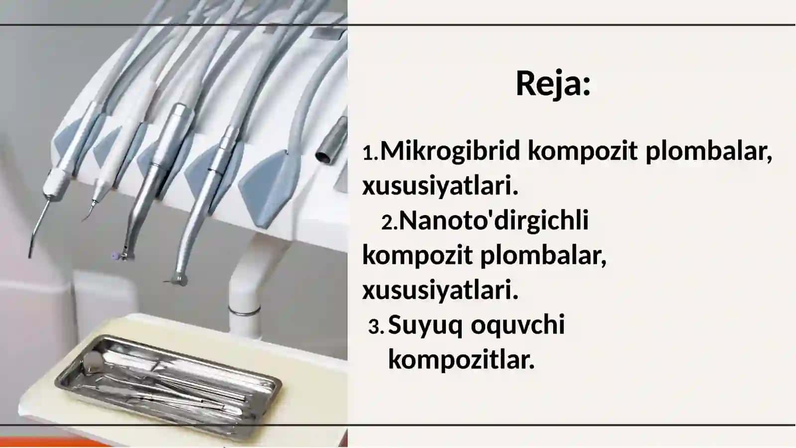 Kompozit Restavratsion Plombalar: Mikrogibrid va Nanoto'dirgichli Turlarning Tasnifi va Xususiyatlari. Mikrogibrid kompozitlari. Nano to'ldirilga kompozitlar. Suyuq oquvchi kompozitlar. Kondensatsiyalanadiga kompozitlar. 2