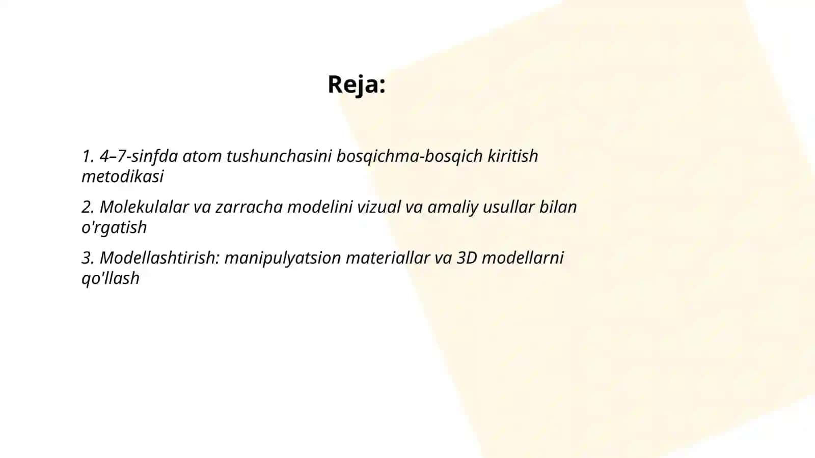 Atom molekulyar ta'limot va kimyoning asosiy tushuncha, qoidalarini o'qitish metodikasi 2