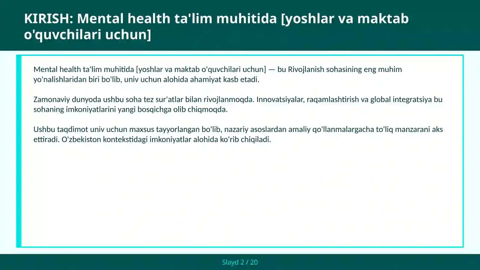 Mental health ta'lim muhitida [yoshlar va maktab o'quvchilari uchun] 2