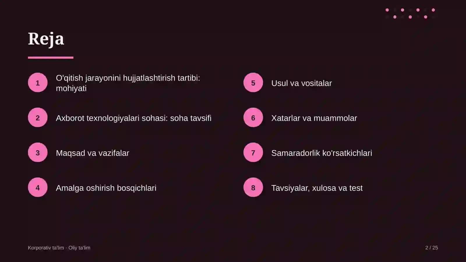 Axborot texnologiyalari sohasida o'qitish jarayonini hujjatlashtirish tartibi 2