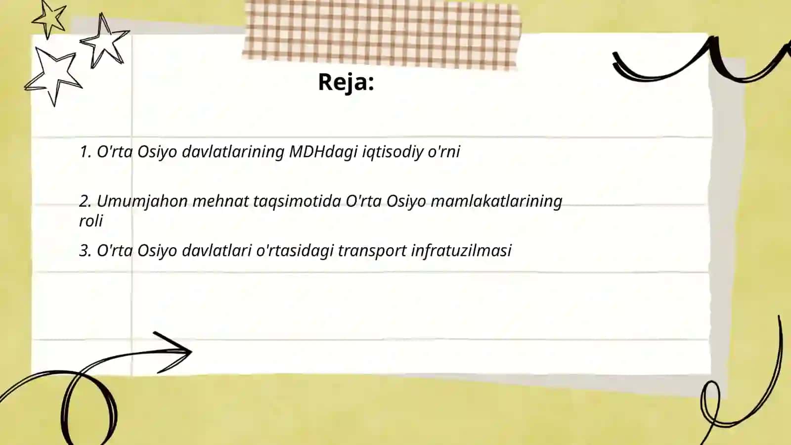 O'rta Osiyo davlatlarining MDH va umumjahon mehnat taqsimotida tutgan o'rni va ular o'rtasida iqtisodiy aloqalarning rivojlanishi 2