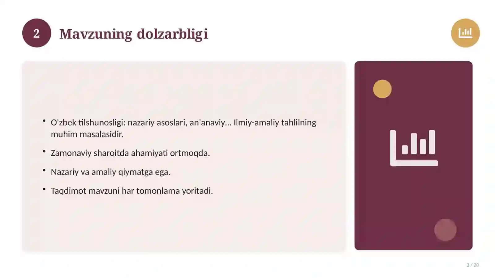 O'zbek tilshunosligi: nazariy asoslari, an'anaviy yondashuvda (Magistrlik dissertatsiyasi mavzusi) 2