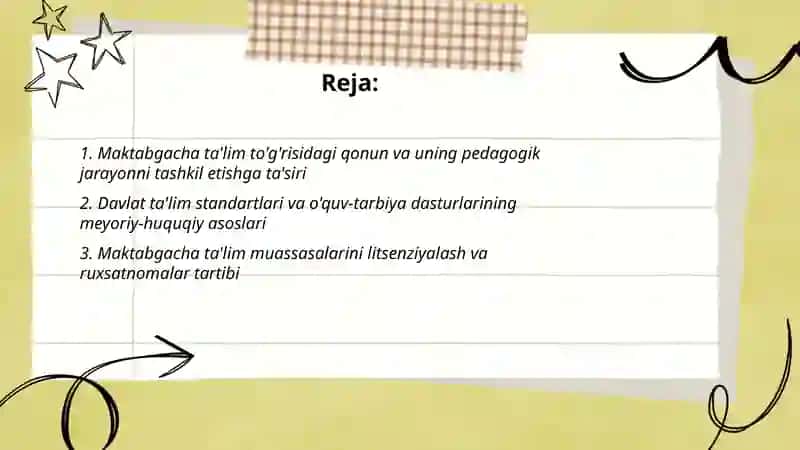 Maktabgacha ta'lim muassasasida pedagogik jarayonni tashkil etishga o'zgaruvchan yondashuvlarning meyoriy-huquqiy asoslari 2