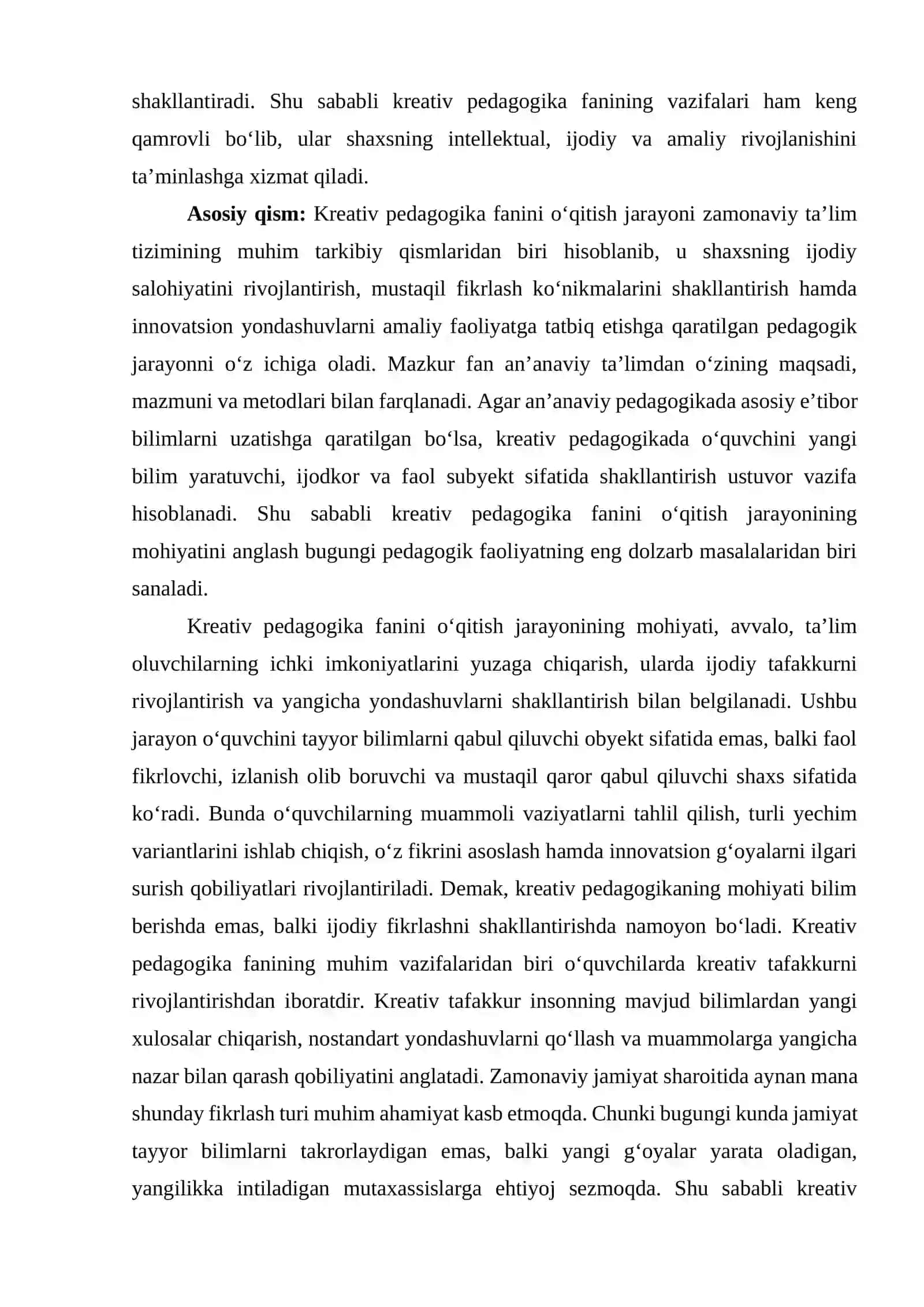 Kreativ pedagogika fanini o'qitish jarayoni mohiyati va uning vazifalari 2