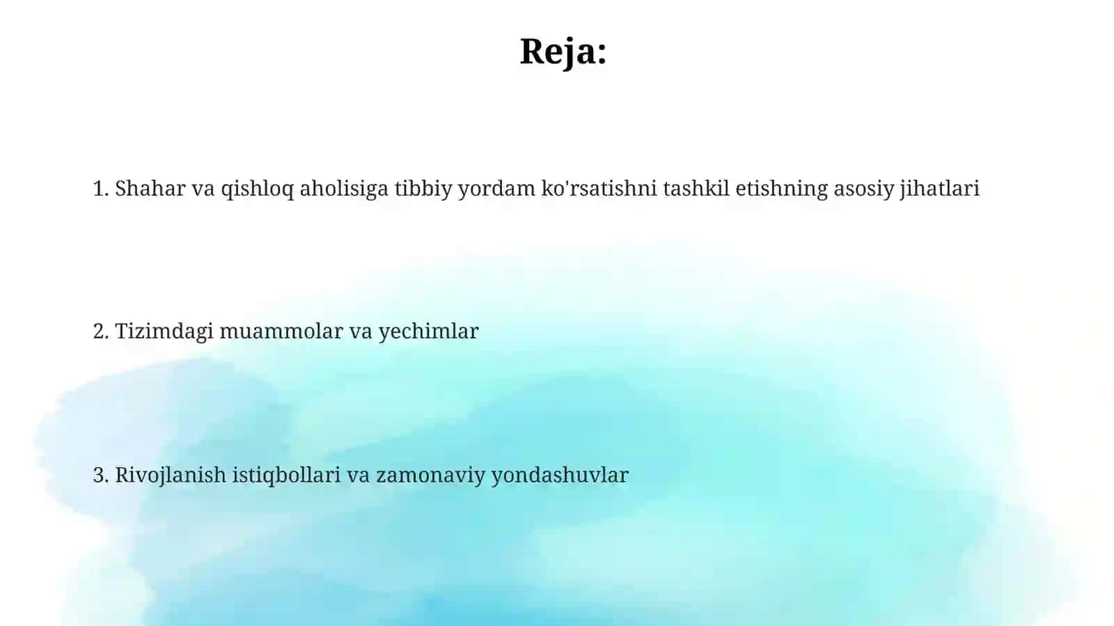 Shahar va qishloq aholisiga tibbiy yordamni tashkil etish 2
