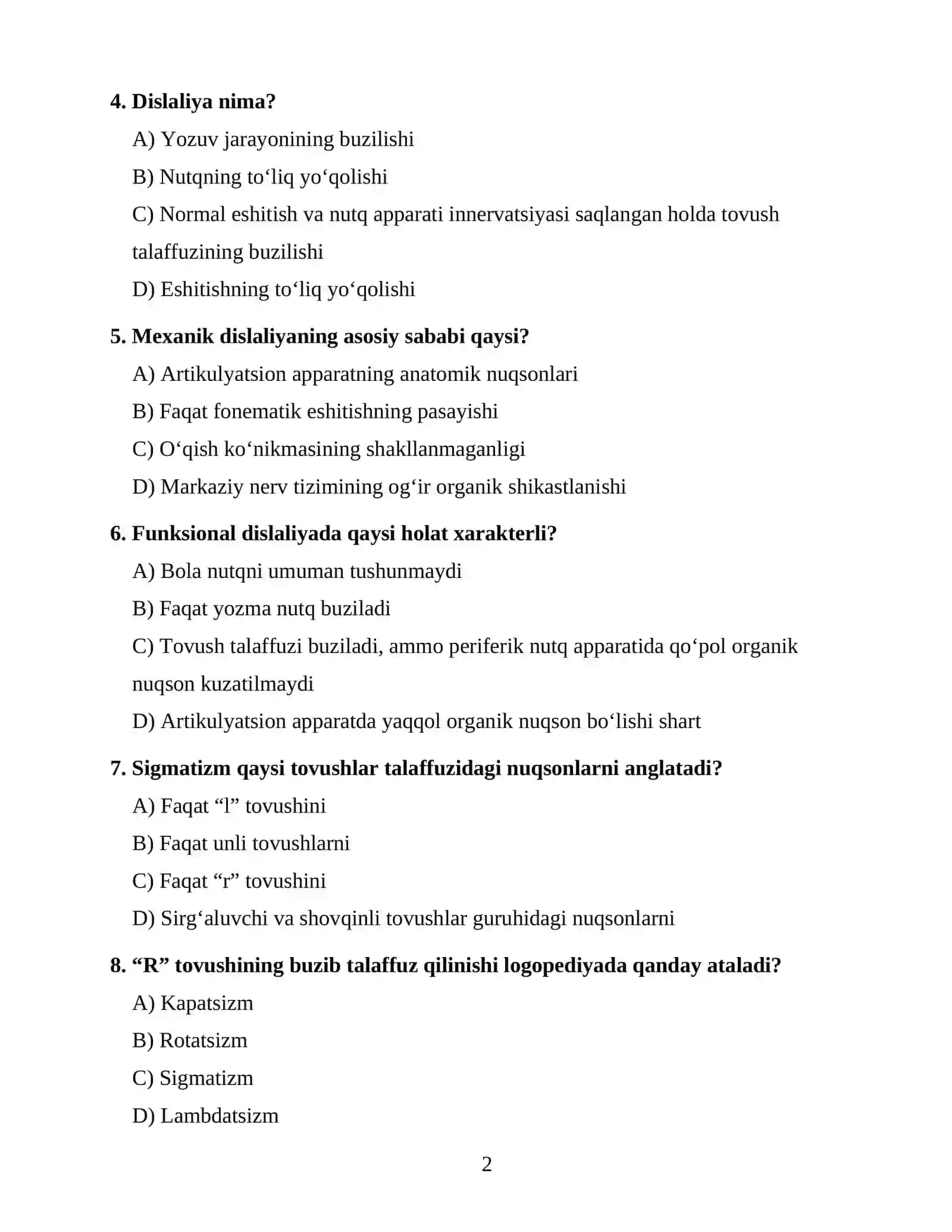 LOGOPEDIYA FANIDAN 100 TA TEST SAVOLI 2