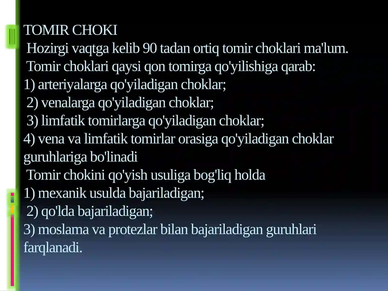 TOMIR CHOKI. QO‘L VA OYOQ NERVLARIGA OPERATIV OCHIB KIRISH USULLARI. NERVLARNI TIKISH TEXNIKASI. 2