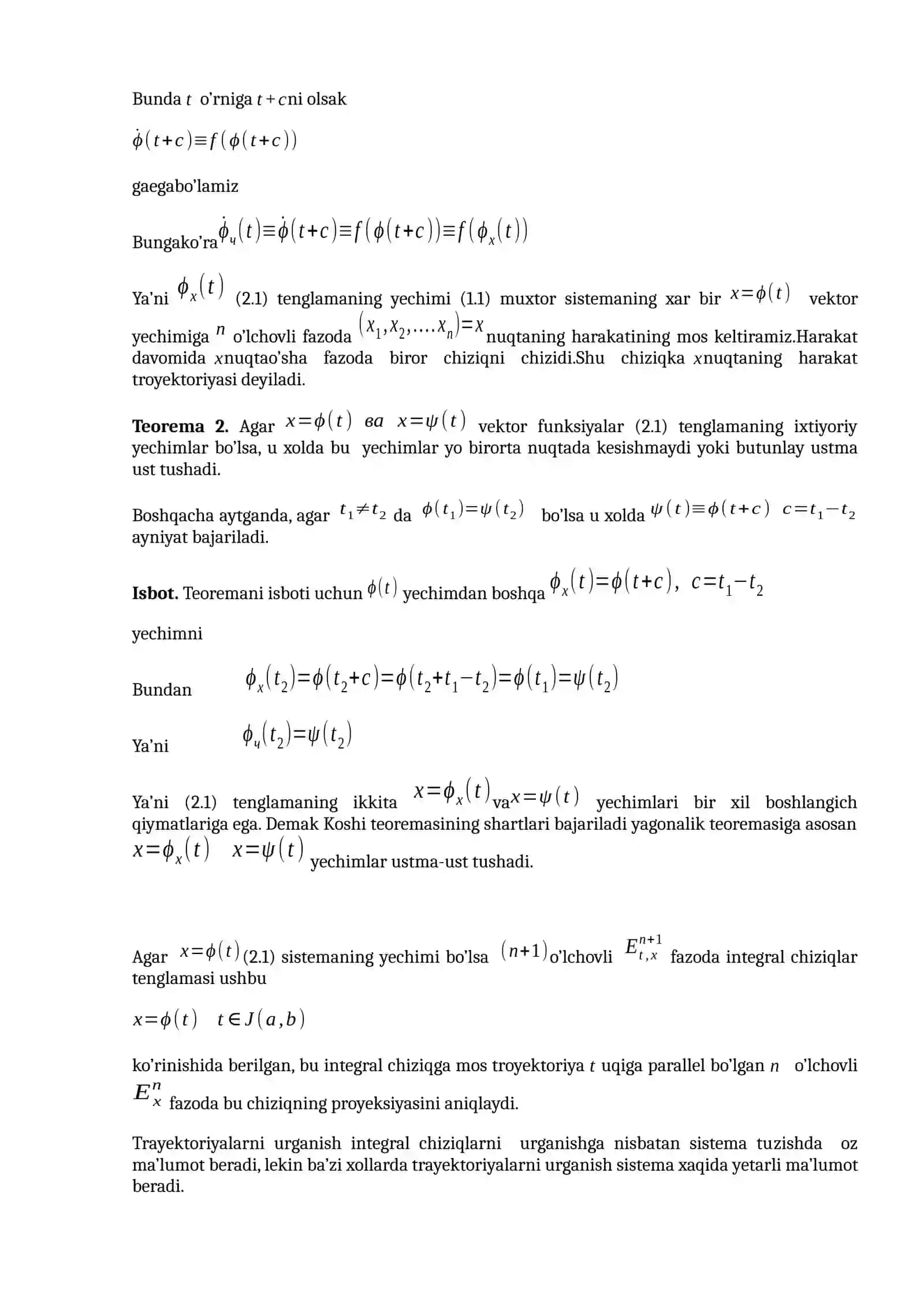 Avtonom sistemalar.Avtonom yechimning xossalari.Avtonom sistemaning muvozanat xolati. Xolatlar fazosi va trayektoriyasi. Chiziqli bir jinsli ikkinchi tartibli uzgarmas koeffisiyentli avtanom sistemaning holatlar tekisligi. Maxsus nuqta 2