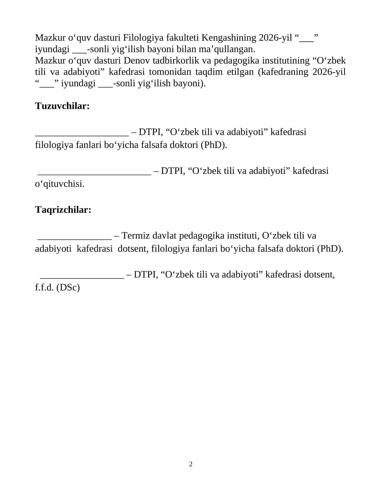 O‘ZBEK ADABIYOTI IV FANINING O‘QUV DASTURI 2
