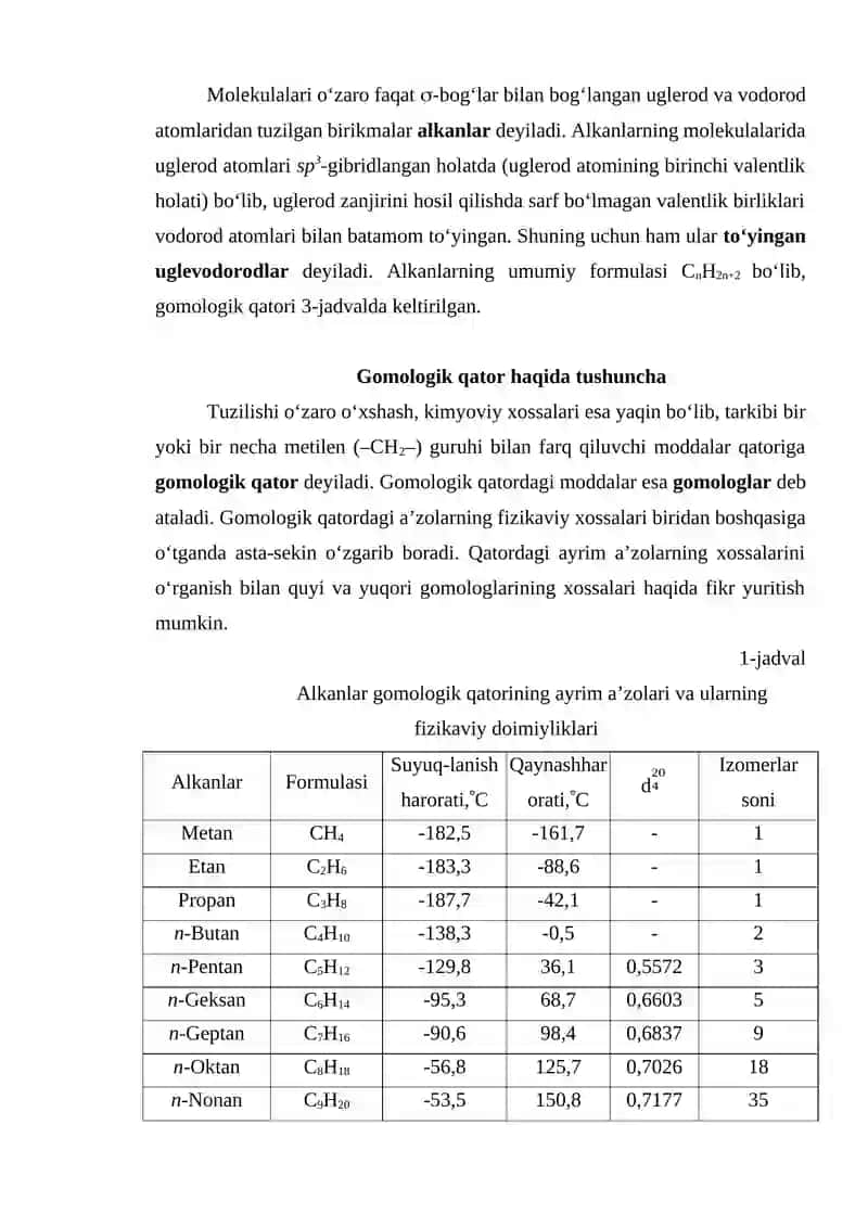 Alkanlar. Olinishi, fizik va kimyoviy xossalari 2