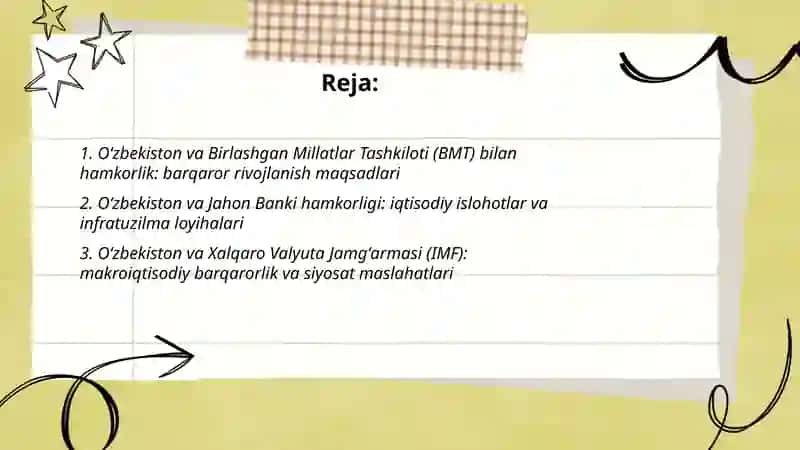 Oʻzbekistonning xalqaro tashkilotlar bilan hamkorlik aloqalari 2