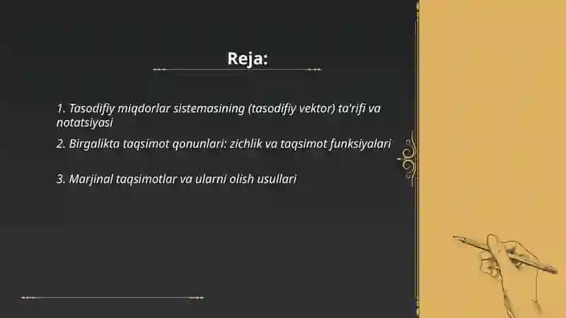 Tasodifiy miqdorlar sistemasi, ularning taqsimot qonunlari 2