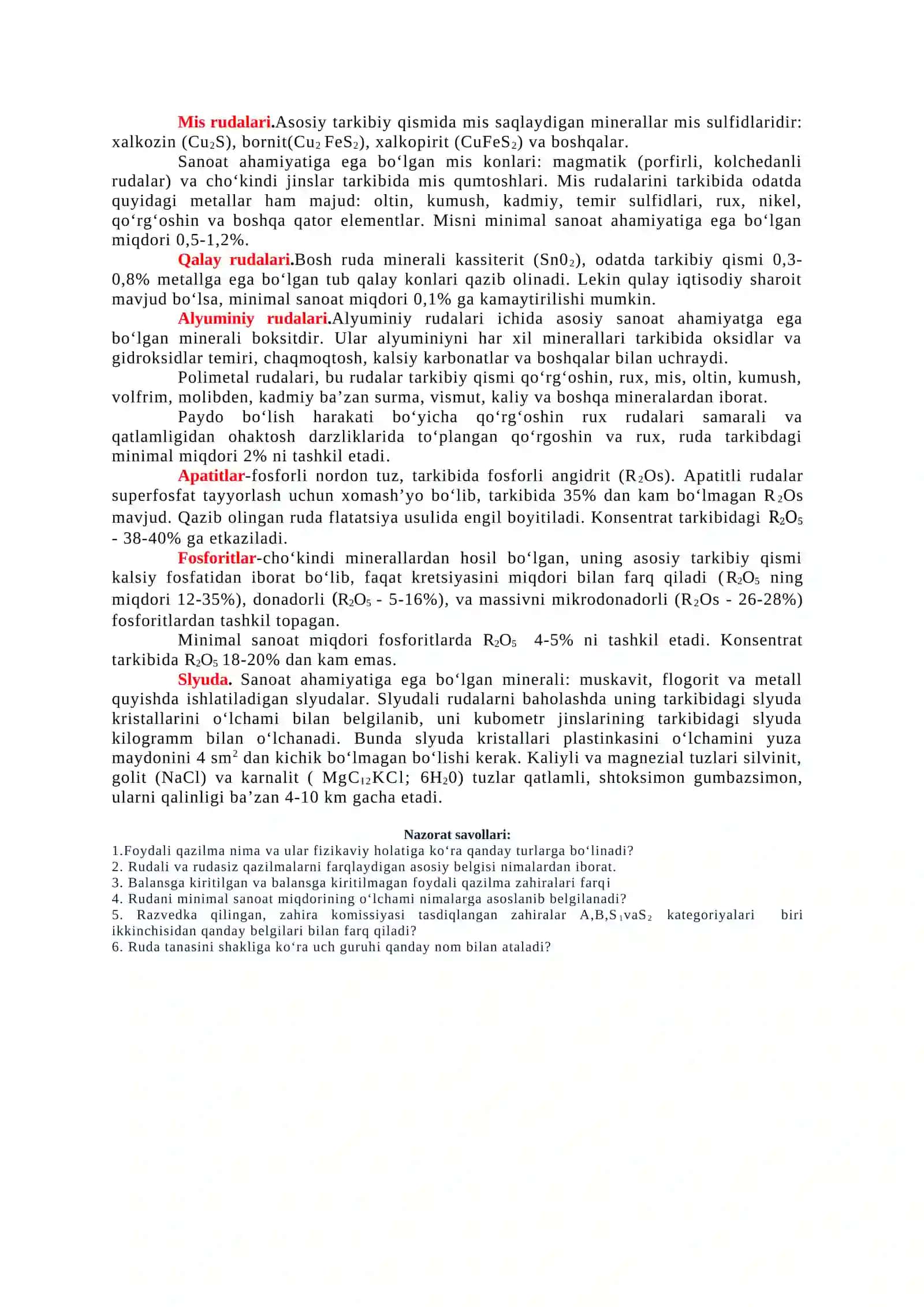Ruda va rudamas foydali qazilmalarni kimyoviy-mineralogik tavsifi 2