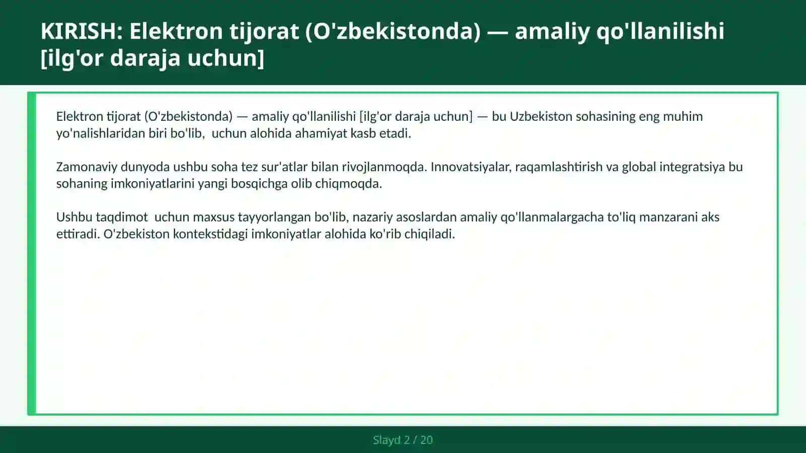Elektron tijorat (O'zbekistonda) — amaliy qo'llanilishi [ilg'or daraja uchun] 2