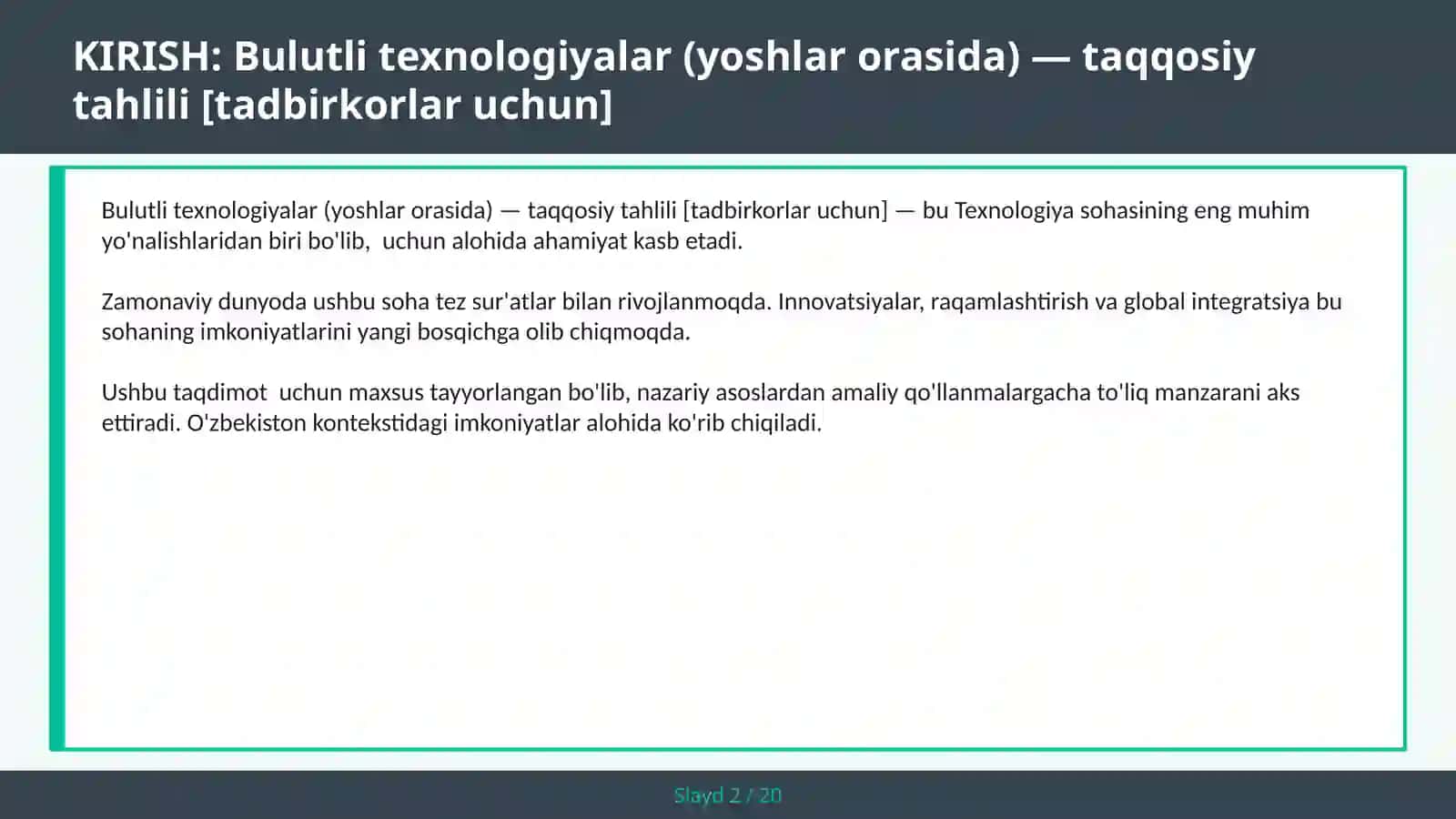 Bulutli Texnologiyalar (Yoshlar Orasida) — Taqqosiy Tahlili [Tadbirkorlar Uchun] 2