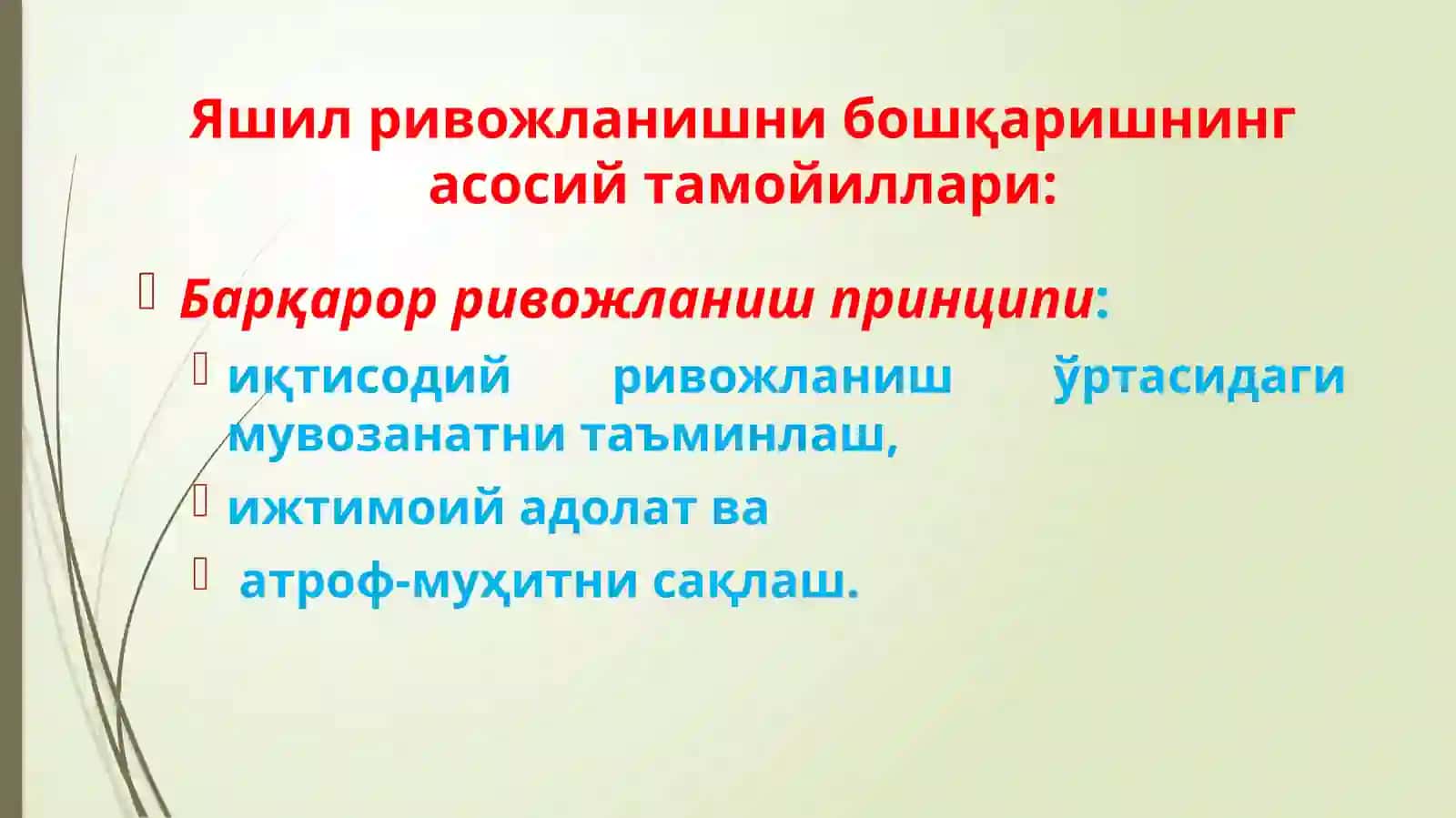 Яшил ривожланишни бошқаришнинг асосий тамойиллари, воситалари 2