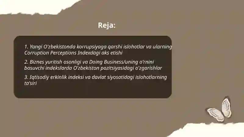 Yangi O'zbekiston ijtimoiy-siyosiy, iqtisodiy va madaniy hayotida ro'y berayotgan o'zgarishlarning xalqaro reyting va indekslarda aks etishi 2