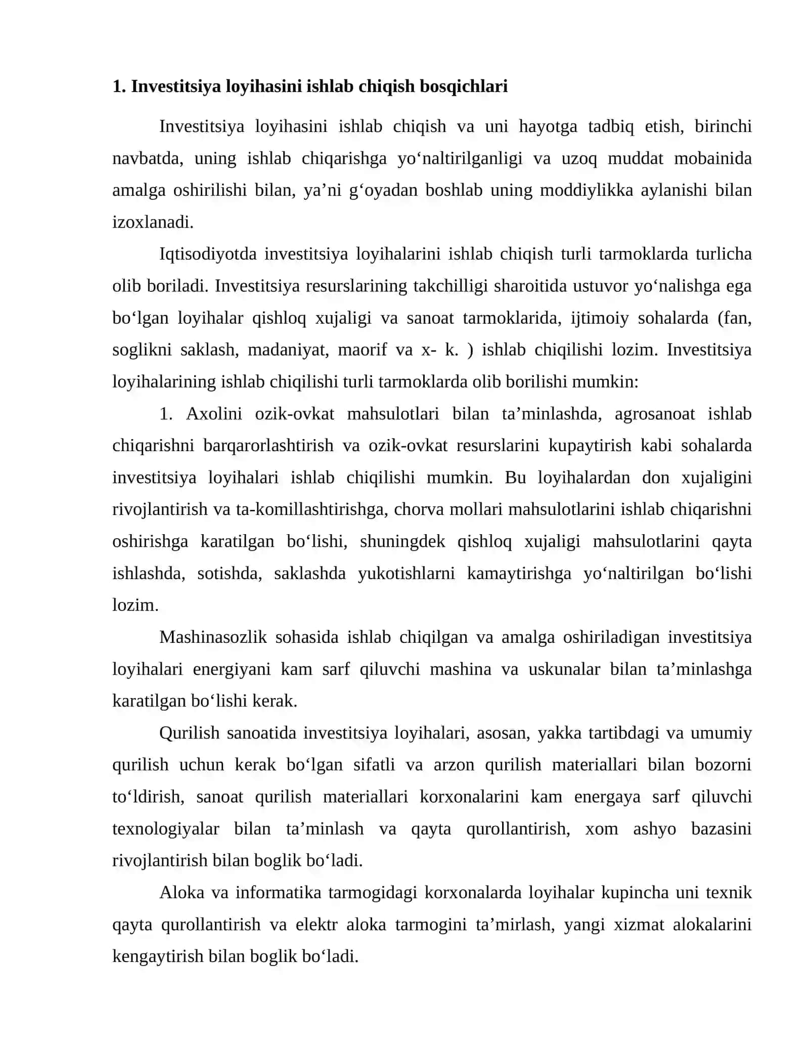 Investitsiya loyihasini ishlab chiqish bosqichlari 2