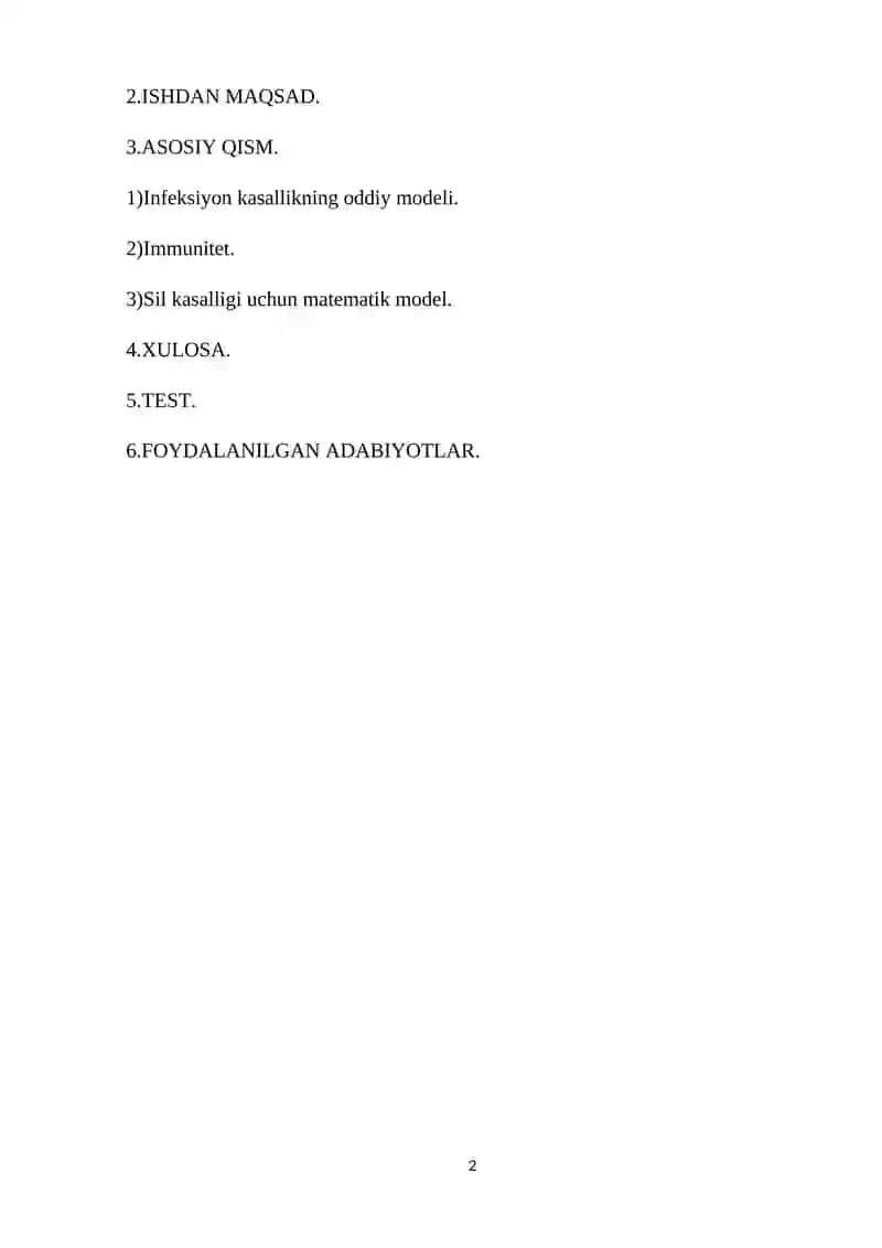 Yuqumli kasallikning eng oddiy modeli.Sil kasalligi uchun matematik model 2