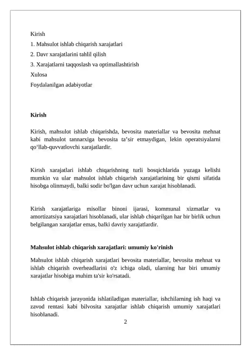 Mahsulot ishlab chiqarish va davr xarajatlar tahlili 2