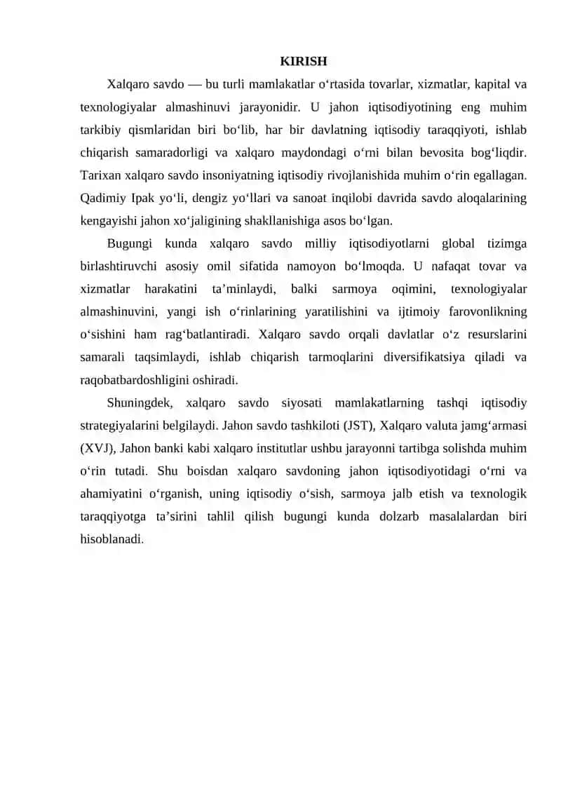XALQARO SAVDONING JAHON IQTISODIYOTIDAGI O’RNI VA AHAMIYATI 2