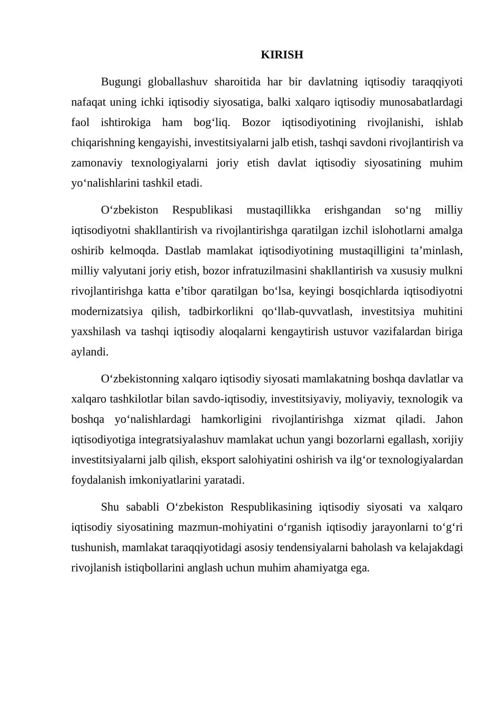 O‘ZBEKISTON RESPUBLIKASINING IQTISODIY SIYOSATI VA XALQARO IQTISODIY SIYOSAT HAQIDA BILIMLAR VA TASAVVURLARGA EGA BO‘LISHI 2