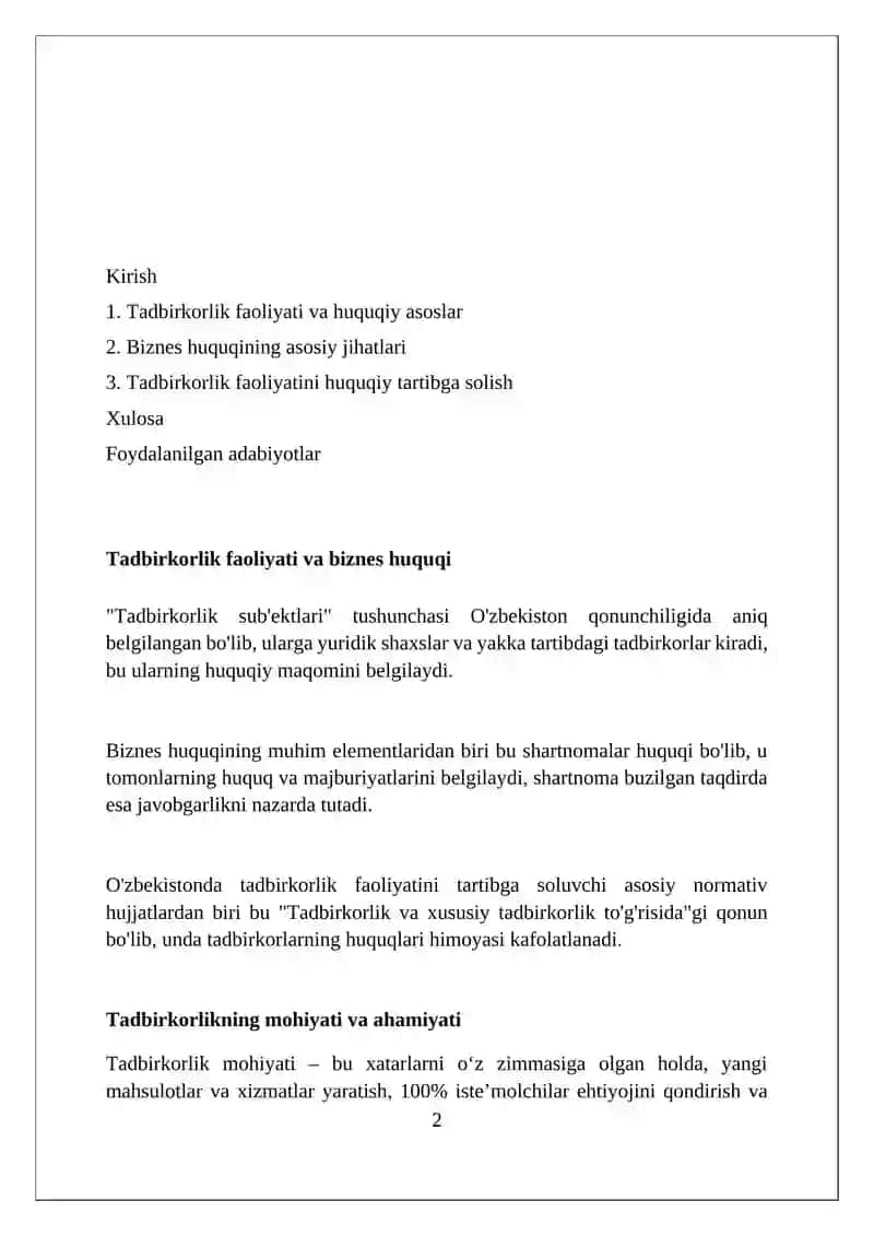 Tadbirkorlik faoliyati va Biznes huquqi 2