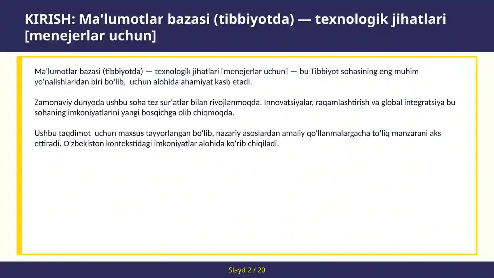 Ma'lumotlar bazasi (tibbiyotda) — texnologik jihatlari [menejerlar uchun] 2
